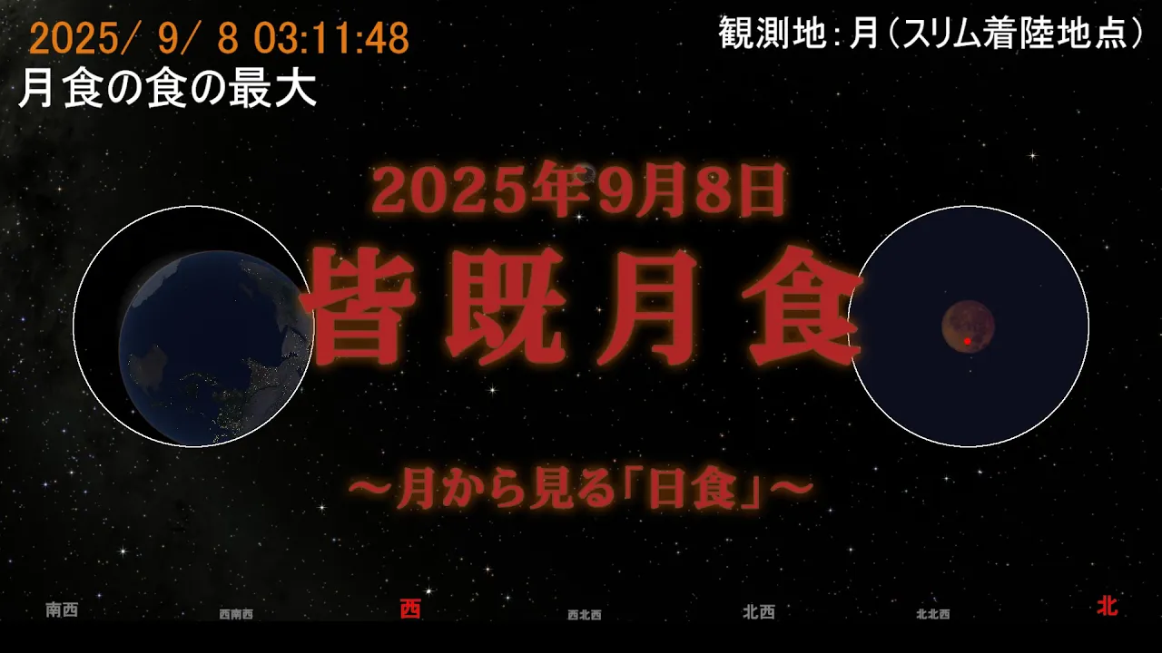 サムネイル画像:2025年9月8日 皆既月食(地球から見た月と、月から見た地球)