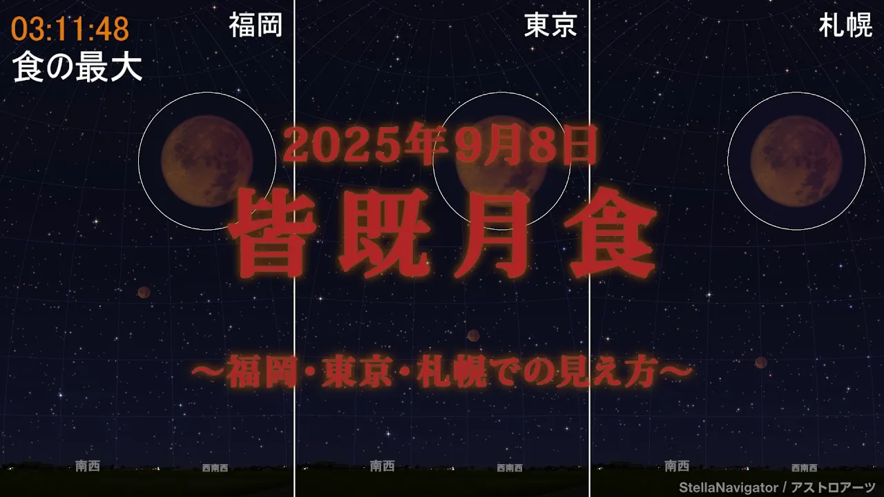サムネイル画像:2025年9月8日 皆既月食(福岡・東京・札幌での見え方)