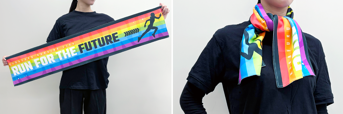 マフラータオルタイプは細身のタオルで、肩に掛けたり首に巻いたりしやすく、ライブや応援グッズにおすすめです。