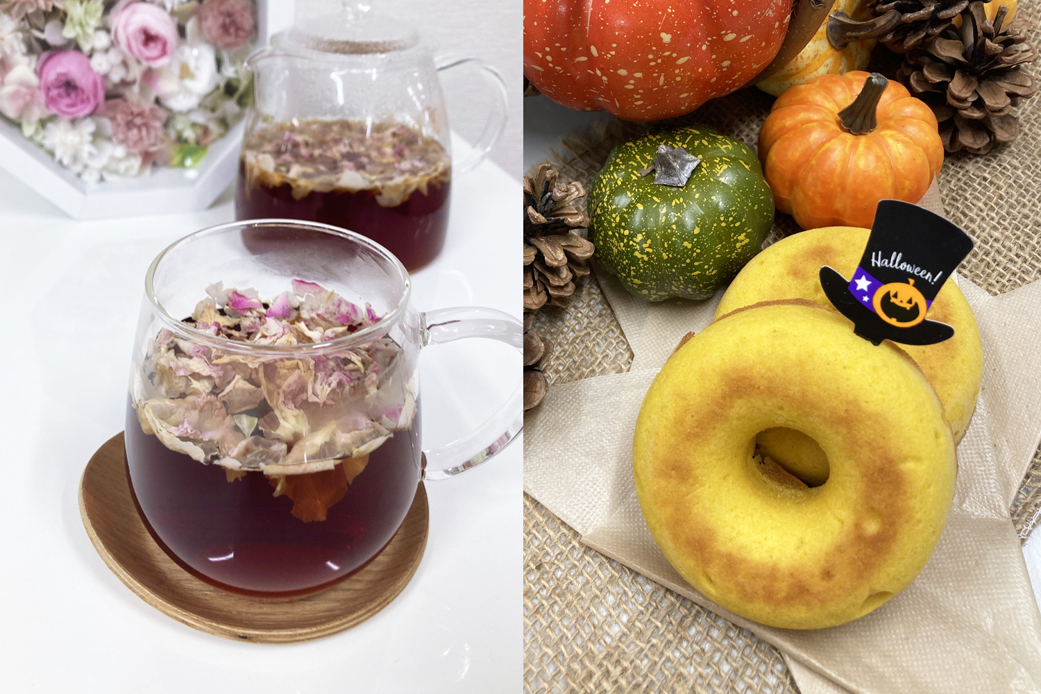 (左)ホットローズティ― 400円(税込)/(右)かぼちゃの焼きドーナツ 250円 1個(税込)