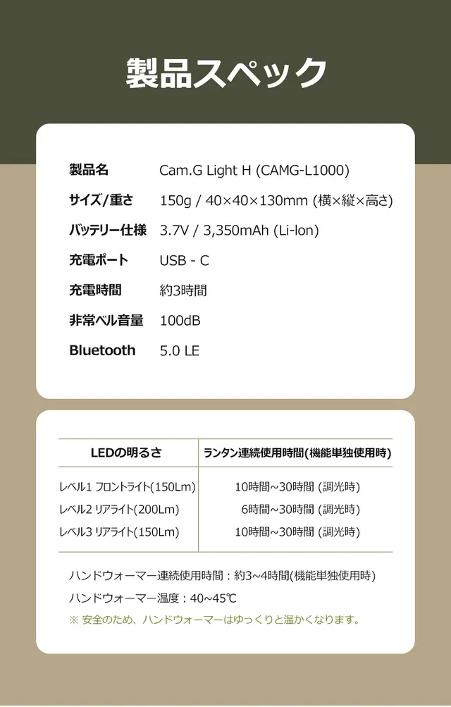 アウトドア用の多機能ランタン【Cam.G Light H】製品スペック