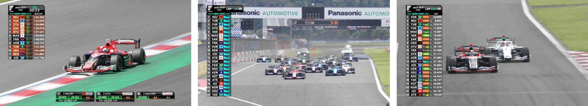 (左から)予選シーン/決勝スタートシーン/決勝バトルシーン(例:富⼠スピードウェイ)