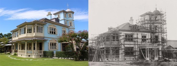 現在の六華苑（左）と建設当時の六華苑（右）