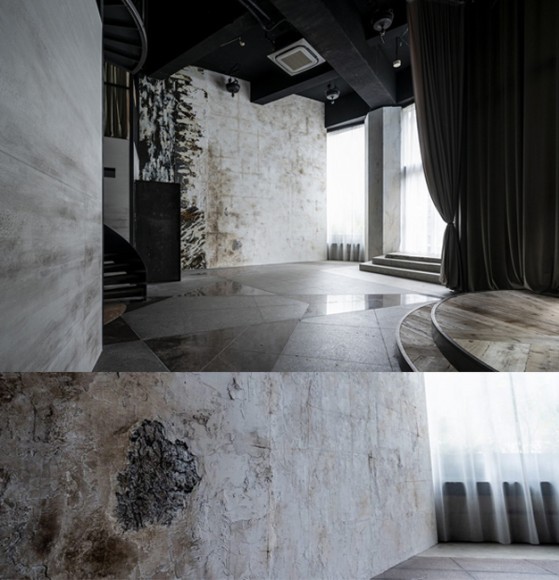 漆喰壁の一部に土壁を移築し、スタジオの壁として生まれ変わる