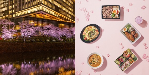 左から弁慶濠に映る夜桜、色とりどりの花見弁当