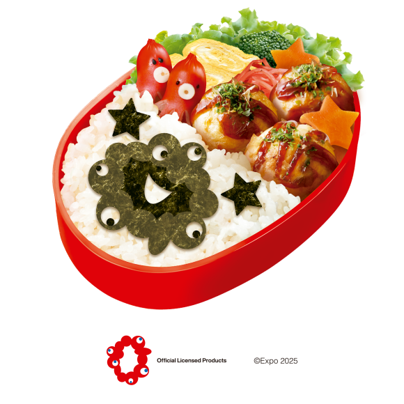 お弁当やおにぎり、サンドイッチにミャクミャクのカットのりをのせるだけで、簡単にキャラ弁を楽しむことができます