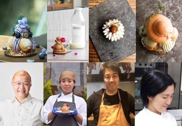 石川出身の辻口シェフ(左下)はじめ、北陸の食材を使って支援しているシェフたち