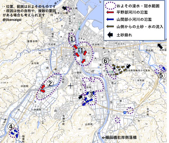 輪島市街の浸水被害の原因と浸水範囲・経路図（地理院地図に加筆）
