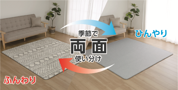 これ1枚で2枚分！季節に合わせて使い分けが出来る 「リバーシブルラグ　エブリ」、「リバーシブル長座布団　エブリ」