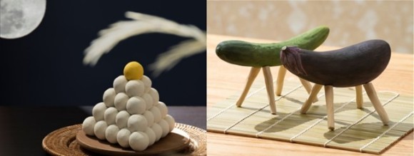 木彫りお月見団子（積み団子）／木彫り精霊馬（キュウリ・ナスセット）