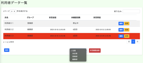 利用者の安否確認状況を一覧表示しています。
