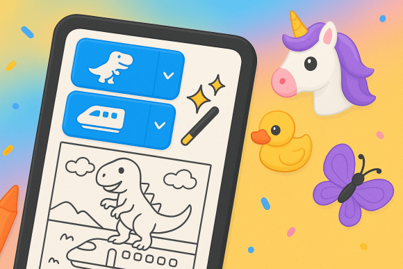 アイコンのついたことばを選ぶとオリジナルのぬりえが出来上がる