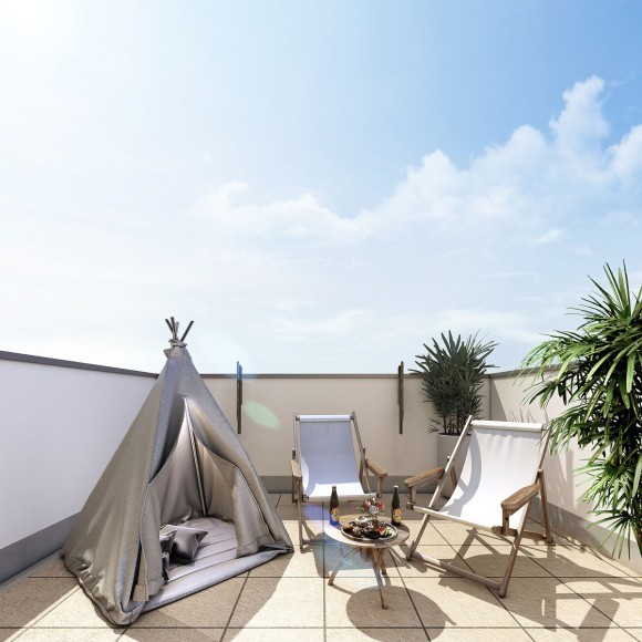 「スカイルーフバルコニー」雄大な空を日常に、家族でベランピングを楽しめるオープンエア空間