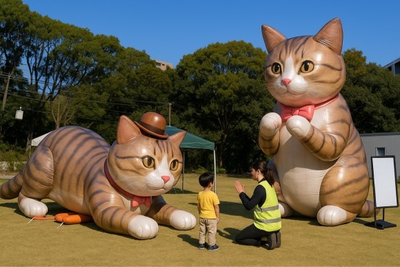 巨大にゃんこバルーンが登場！ 子どもたちも思わず見上げる、ふわふわの“猫先生”。