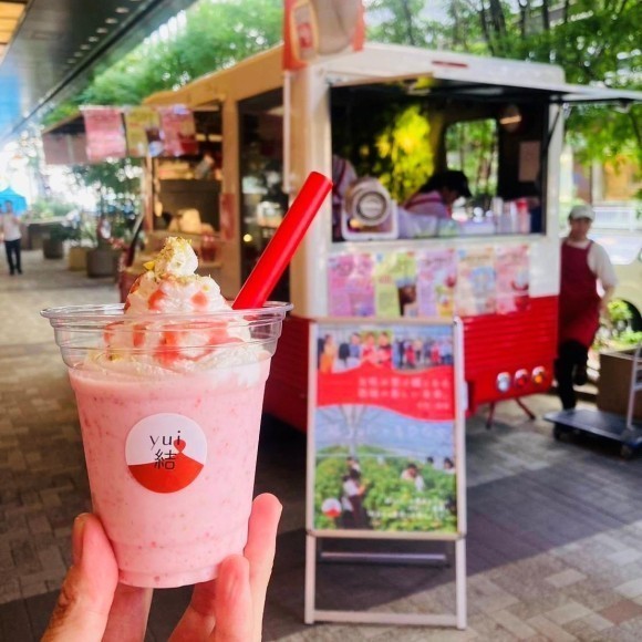 看板メニューの国産いちごスムージー