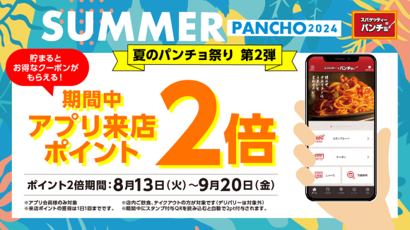 サマーパンチョ2024第2弾★ナポリタン愛を高める夏後半、8月13日～9月20日は来店ポイントが毎日2倍！