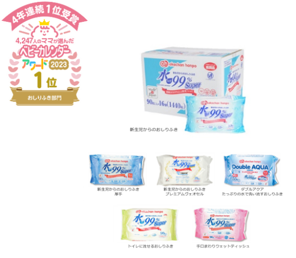 「ベビーカレンダーアワード２０２３」でおしりふき部門 第１位「水９９％Super シリーズ」、授乳用ブラジャー・インナー部門 第２位「マタニティインナー」、ベビー肌着部門 第３位「アカチャンホンポオリジナル ベビー肌着」が受賞しました。