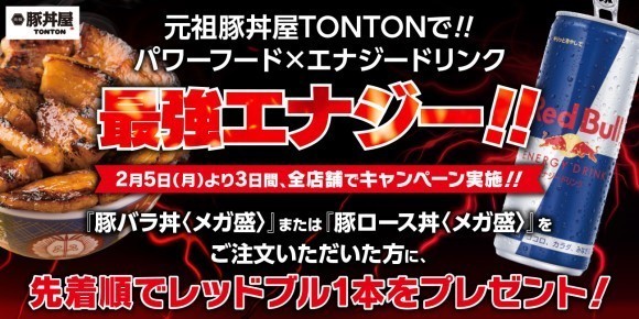 元祖豚丼屋TONTONで!!パワーフード ✕ エナジードリンクで最強エナジー!! 豚丼(メガ盛)のご注文で先着順レッドブル1本プレゼント！2月5日より3日間、各店舗でキャンペーン実施!!