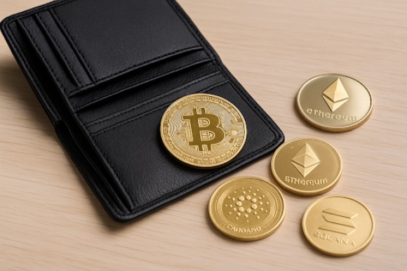 仮想通貨とウォレットが机に並べられている画像