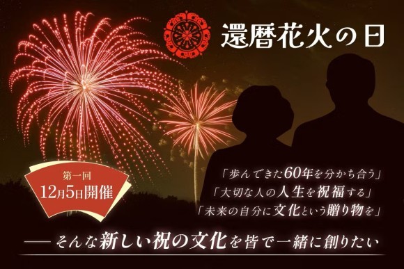 還暦を迎える方を祝う赤い花火を全国同時刻一斉に打ち上げている様をイメージした画像になります。