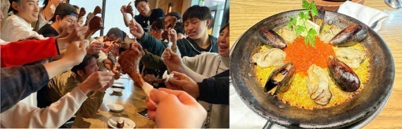 左：みんなで“ラムチョップ乾杯”！ 　右：冬限定のいくらと牡蠣のパエリア