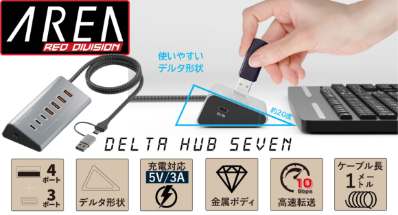 USB 3.2 Gen 2対応、角度にこだわるデルタ形状の“机上派”HUB【DELTA HUB SEVEN／SD-HC3A4】8月5日発売　株式会社エアリア