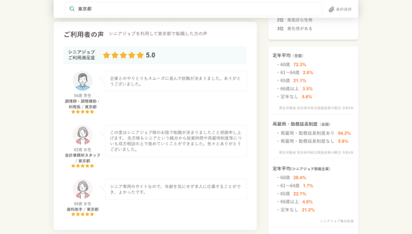 シニア専門求人サイト「シニアジョブ」に「利用者の声」が追加、東京都の求人ページに表示された「利用者の声」の例