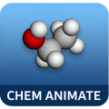 CHEM-ANIMATEのメイン画面。3D表示領域に分子構造が表示され、下部に反応選択メニューと再生/一時停止、速度調整、進捗バーなどの操作パネルが配置されたインターフェース