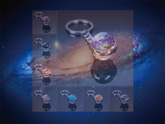 ＜ギャラクシー・球体・キーホルダー＞は、地球、月、水星、木星、金星の美しさをリアルに再現し、小さな透明ドームの中に大宇宙の輝きを閉じ込めました