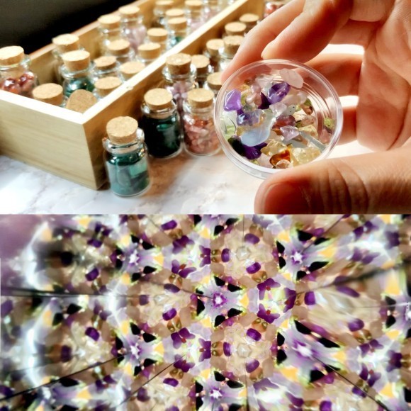 万華鏡に入れるさざれ石の写真と、万華鏡を覗いた時の写真