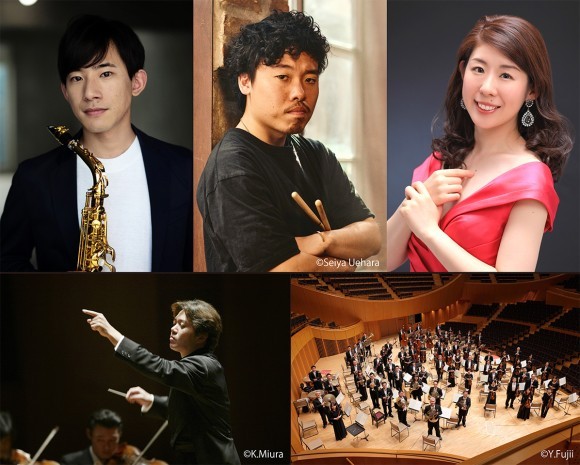 （左上より）上野耕平、石若駿(C)Seiya Uehara、川島沙耶、現田茂夫(C)K.Miura、札幌交響楽団(C)Y.Fujii