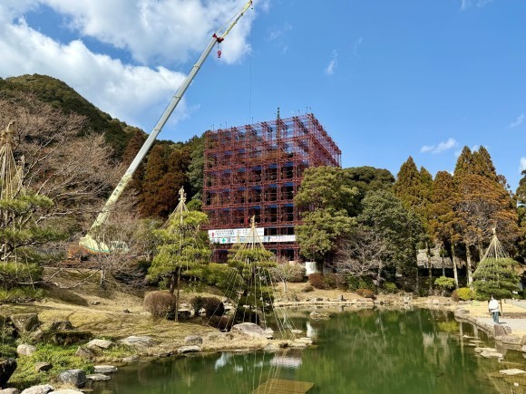 3月9日現在の様子　足場の工事用シートが外され、新しくなった檜皮（ひわだ）ぶき屋根が見える五重塔