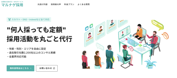 ※画像上:「マルナゲ採用」トップページ画像