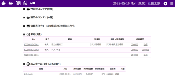 ログイン後のダッシュボードの一部