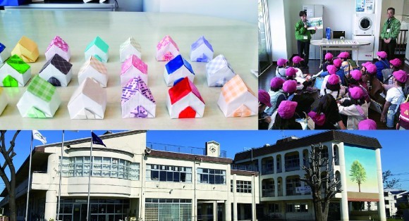 町探検で作った折り紙の家、イベントの様子。