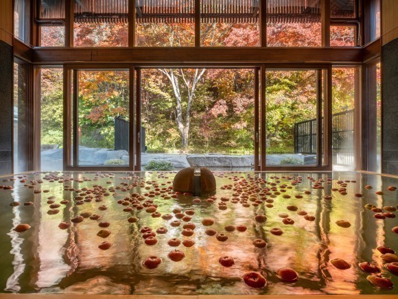 トンボの湯の内湯に浮かぶりんご