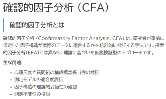 確認的因子分析の設定画面で因子構造を定義し、適合度指標グラフで結果を視覚的に確認している様子