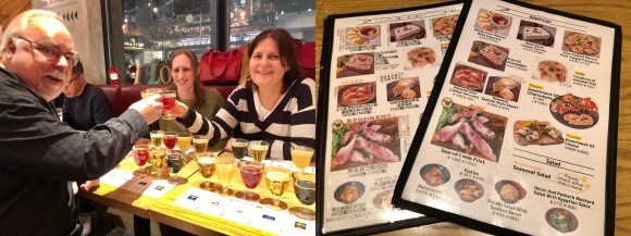 ▲左：「ビアバルNAGAOKAYA」で乾杯する外国人客 右：「ビアバルNAGAOKAYA」の中国語と英語のメニュー