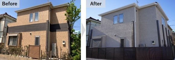 改修前の窯業系サイディング外壁の住宅(左)と｢ジョリパット リミュール工法｣で改修した住宅(右)