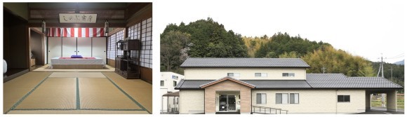 診療所だった建物の２階に落語高座を設置して開催（左は現在の河郷診療所）
