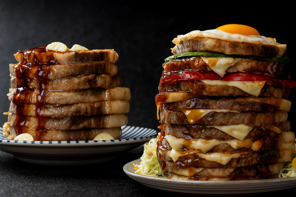 厚切りレア豚肉を積み上げた肉タワー「ゴットタワー」と、豪華トッピングで仕上げた「プレミアムゴッドタワー」の圧巻ビジュアル。山梨で話題のデカ盛りチャレンジ新メニューです。