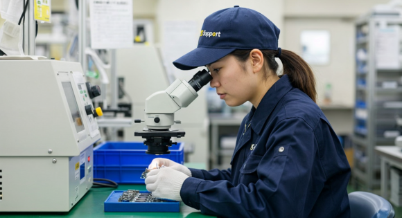 「品質の最後の砦、徹底した検査体制。」 熟練のスタッフが精密機器を用いて部品の品質を厳格にチェック。不良品の流出を防ぎ、製造業の信頼性を支えるISサポートの高精度な検査体制を象徴する一枚です。