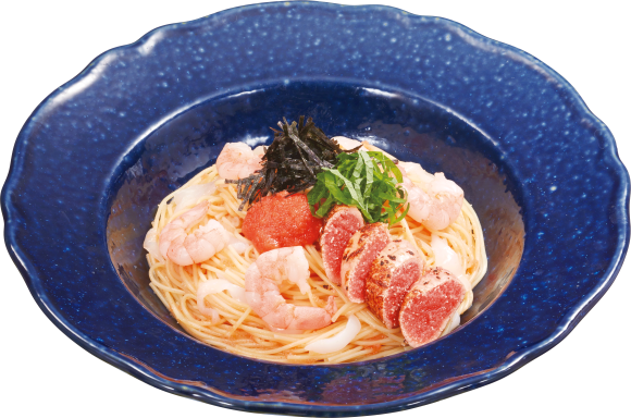 “冷製カッペリーニ” 炙り明太子とヤリイカ・エビの明太子ソース