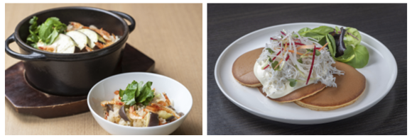 「折戸なす」 と「桜えび」のだし炊き込みご飯、 「釜揚げしらす」のパンケーキ