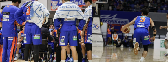 当社ロゴ入りユニフォームでプレイする立川ダイスの選手 ( 右足 下ロゴ )